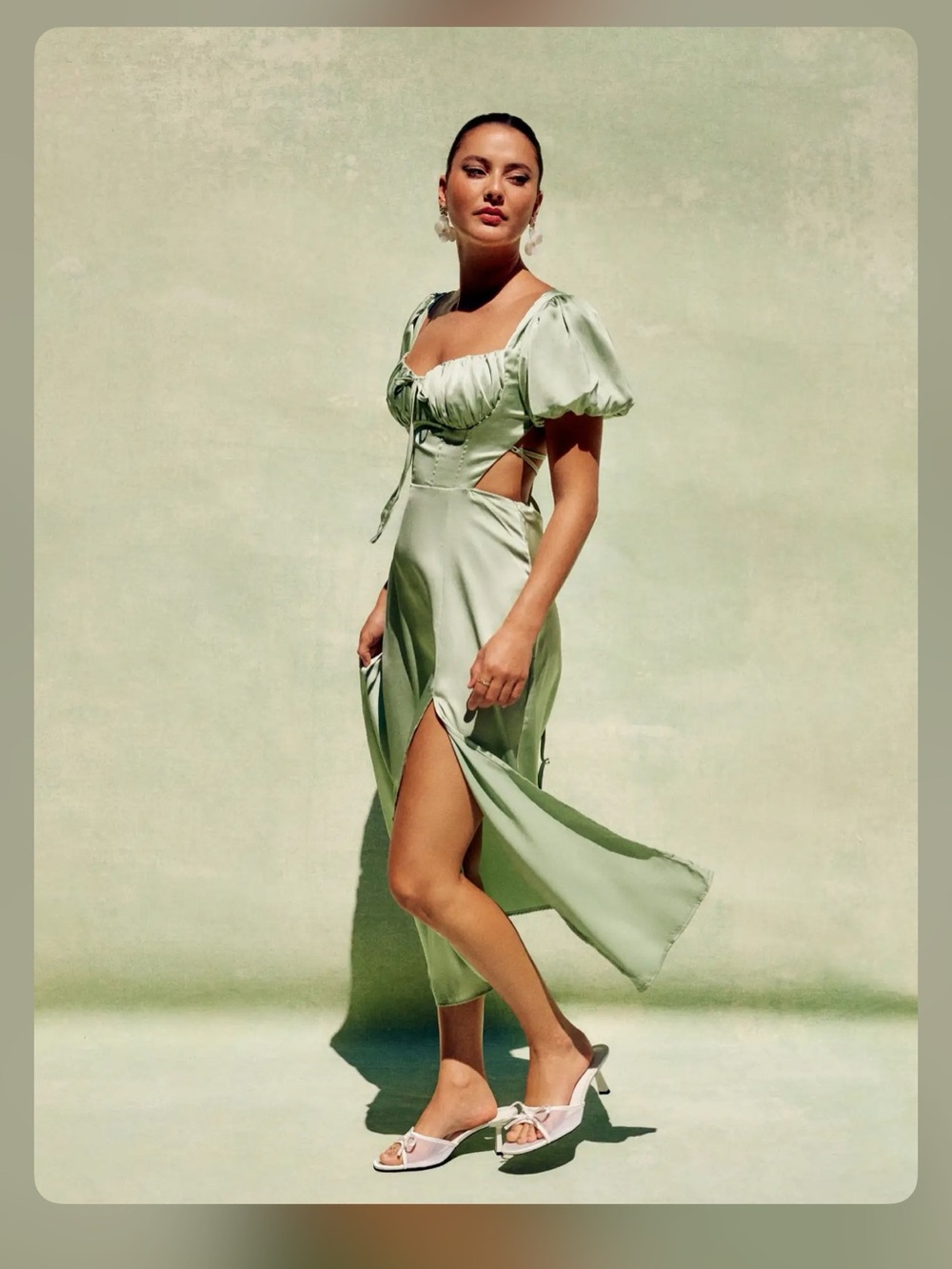 SATIN KNOTTED PUFF SLEEVE SPLIT MIDI DRESS - Picture 3 of 12